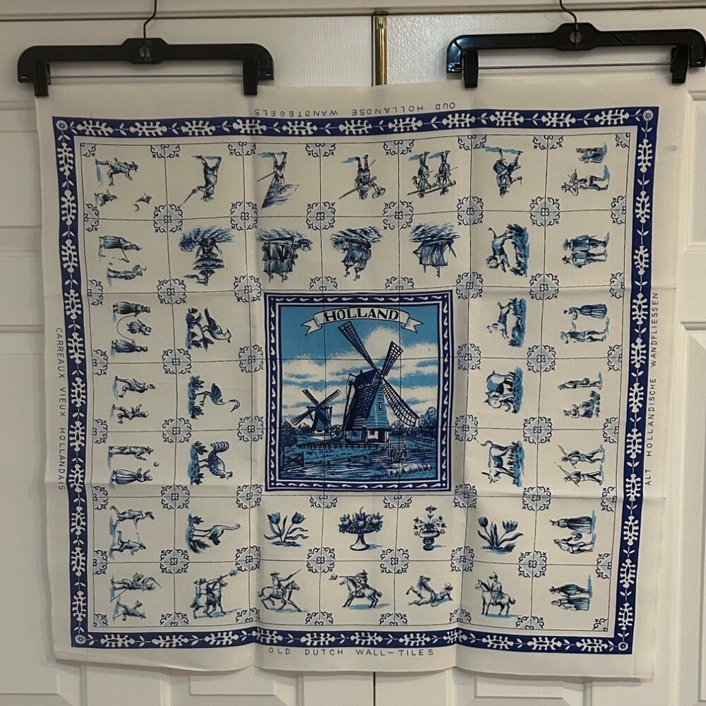 Vintage Holland Windmill Tablecloth MCM Cotton Dutch Blue and White